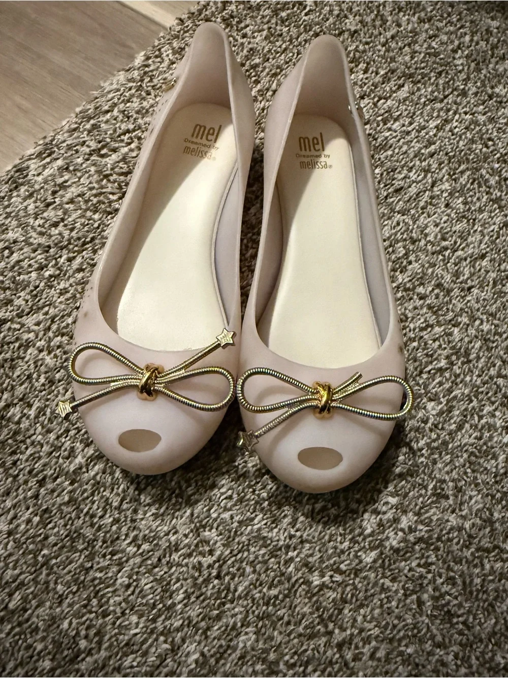 Melissa Girls Matte Beige Ballet Flats with Gold Bow Accents